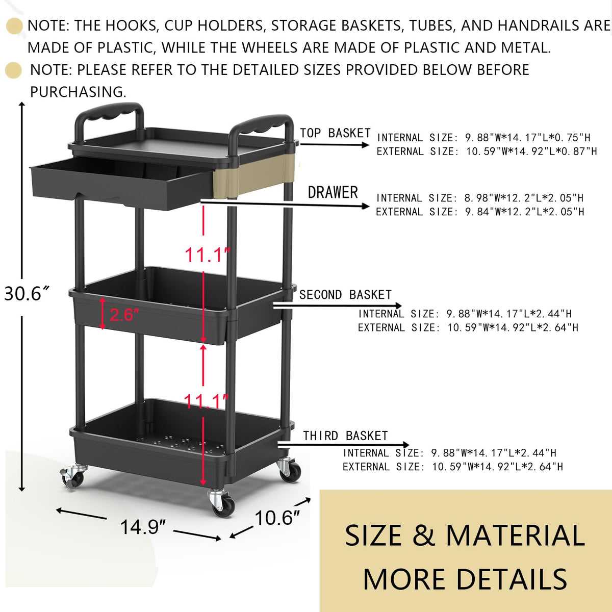 Goovilla 3 Tier Rolling Utility Cart with Removable Drawer, Black