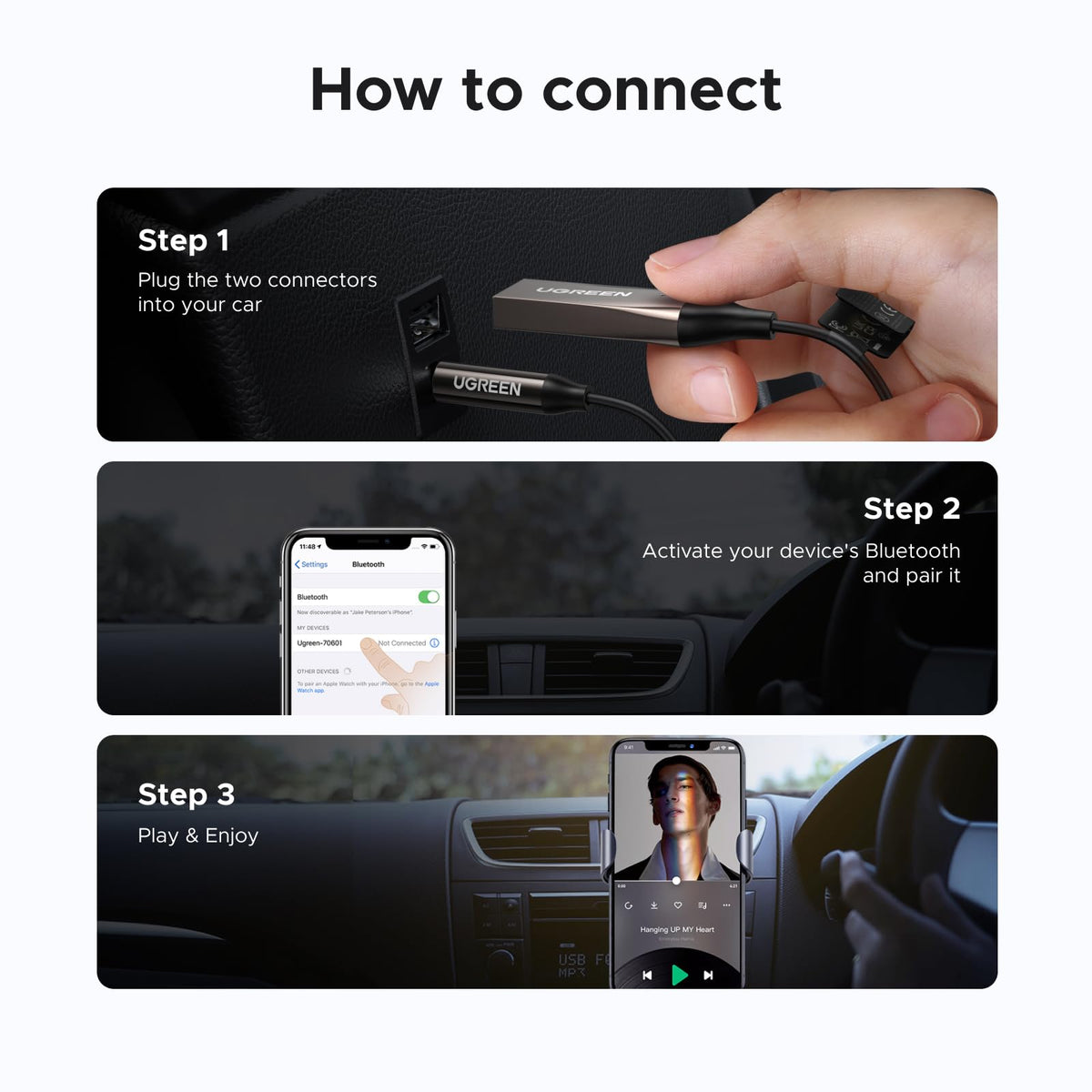 UGREEN Aux to Bluetooth 6.0 Car Adapter with LDAC, 3.5mm