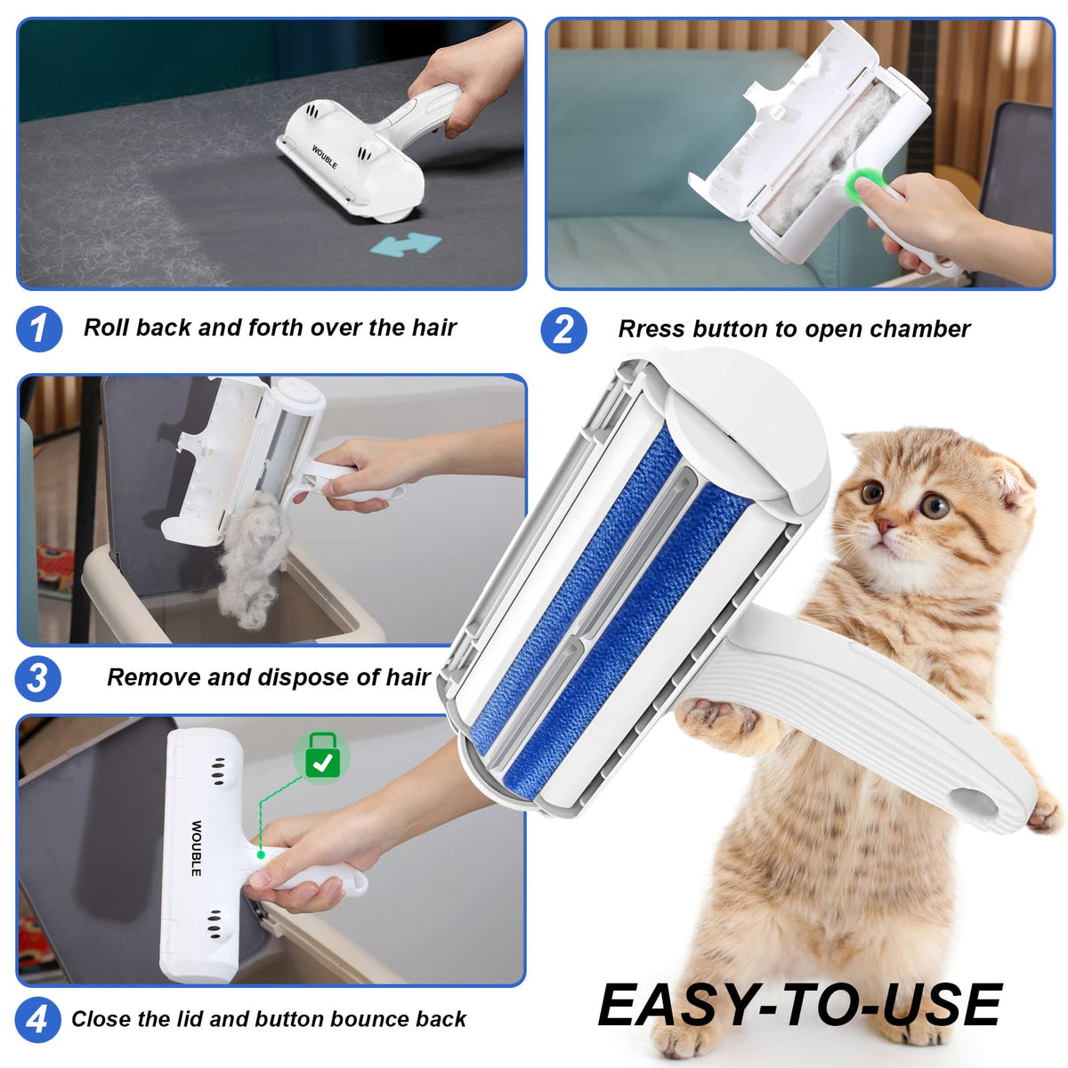Wouble Reusable Pet Hair Remover Roller, White