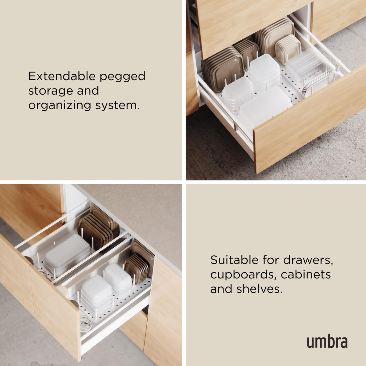 Umbra Peggy Kitchen Drawer Organizer Tray, Adjustable, White
