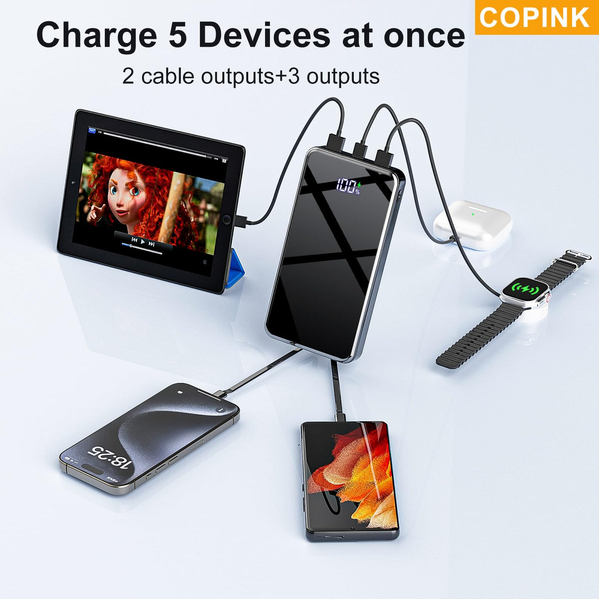 COPINK Power Bank with Built-In Cables, 25,000mAh