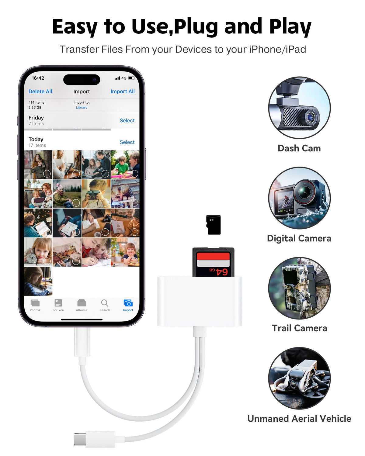Dual Slot USB C SD Card Reader for iPhone and iPad, USB 3.0