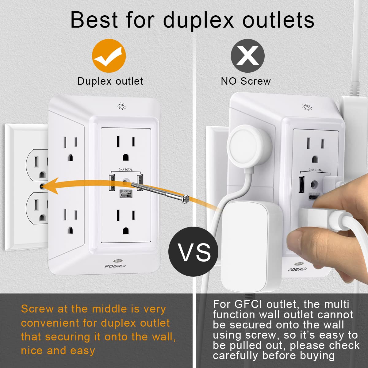 Powrui 3-Sided Power Bar, 6-Outlet, 3 USB Ports, Night Light, White
