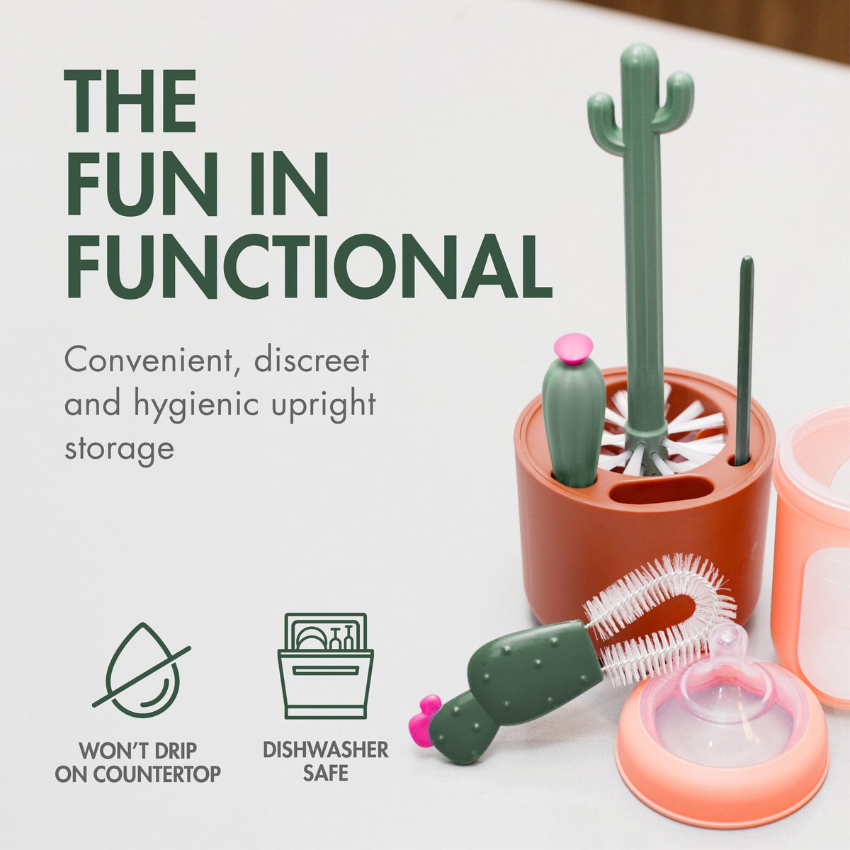 Boon Cacti Bottle Cleaning Brush Set, Terracotta, 4 Piece