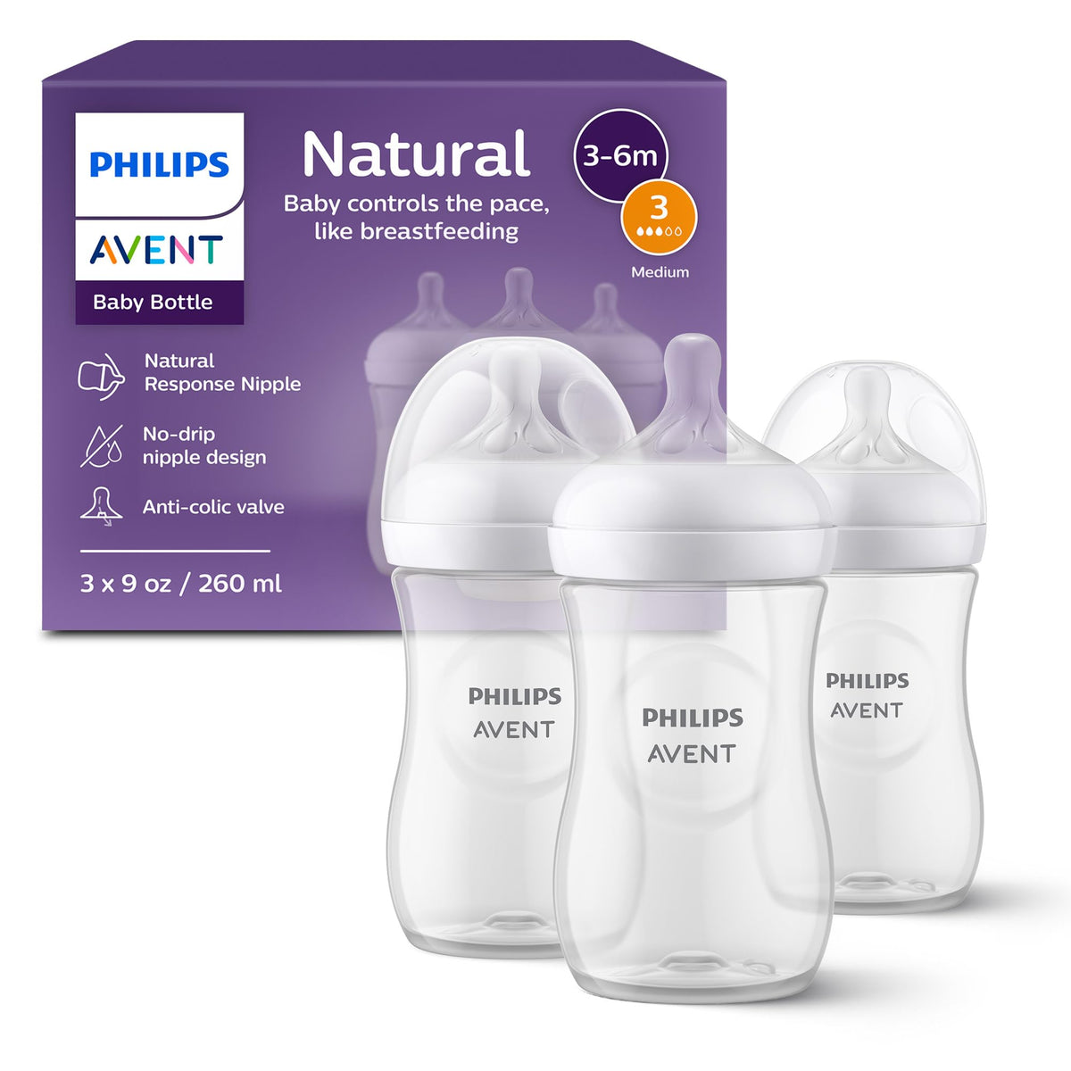 Philips Avent Natural Baby Bottles, Flow 3, 9 oz, 3 Pack, SCY903/03