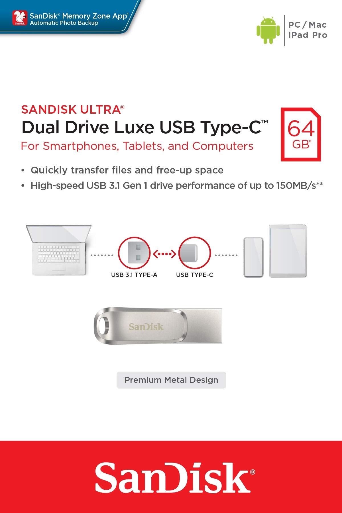 SanDisk Ultra Dual Drive Luxe USB Type-C, 64GB, SDDDC4-064G-G46