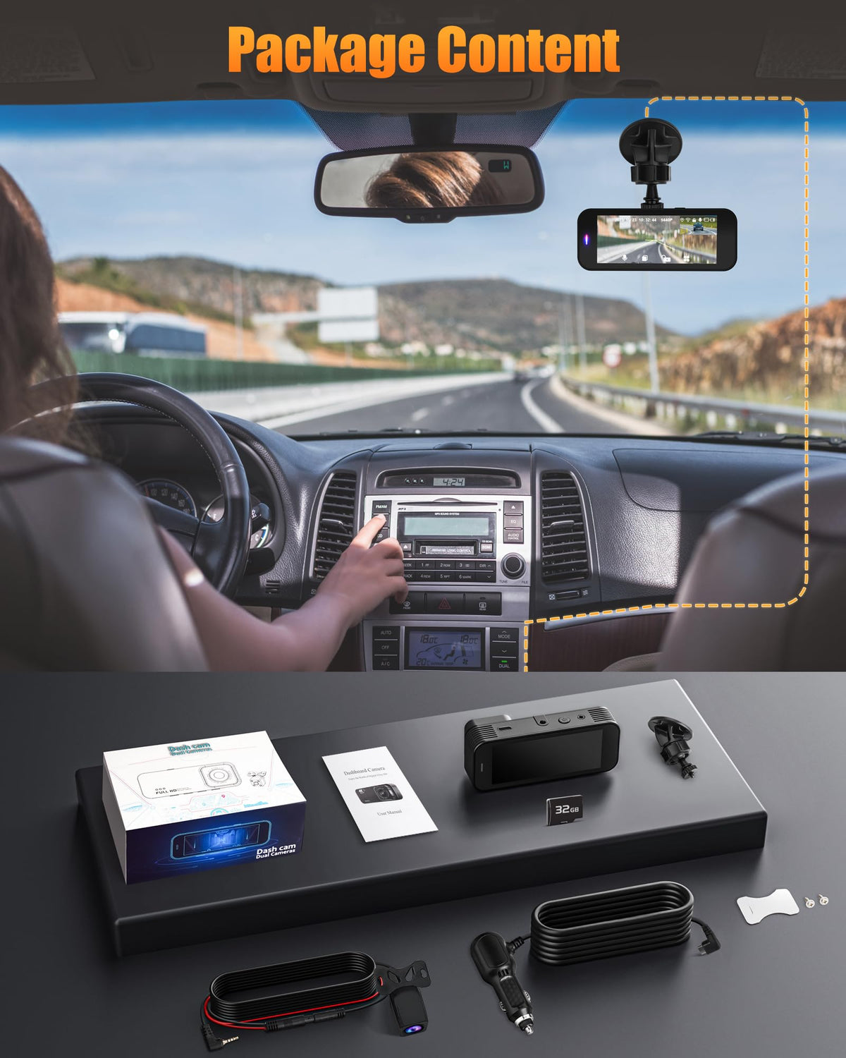 Kyltoor A4 4K Front and Rear Dash Cam with Wi-Fi, 32GB