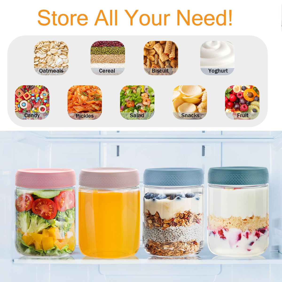 Overnight Oats Glass Jars with Lids and Spoons, 16 Oz, 6 Pack