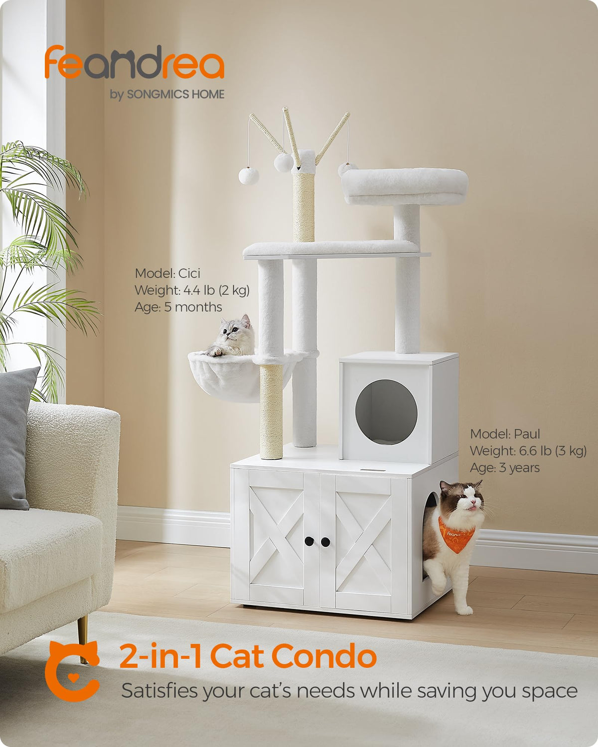Feandrea WoodyWonders Litter Box Cat Tree, Cloud White, UPCT113W01