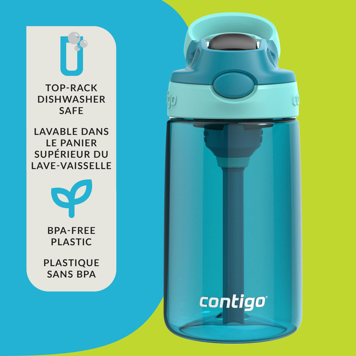 Contigo Kids Aubrey Straw Water Bottle, 14 oz, Juniper Jade Vine