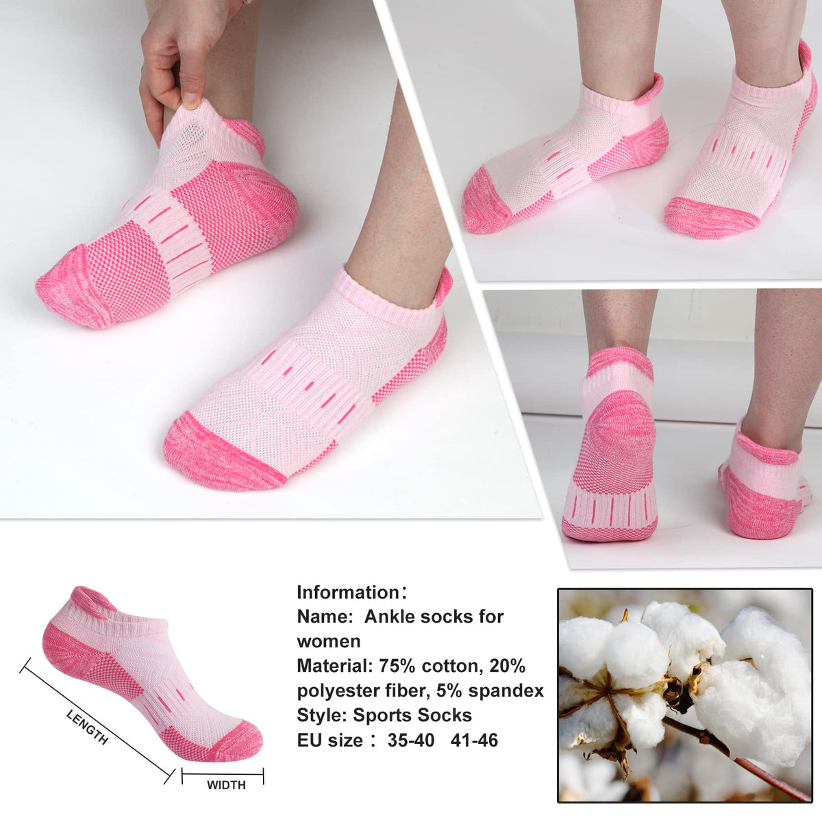 Women's Running Low Cut Cotton Socks, Multicolor, 6 Pairs