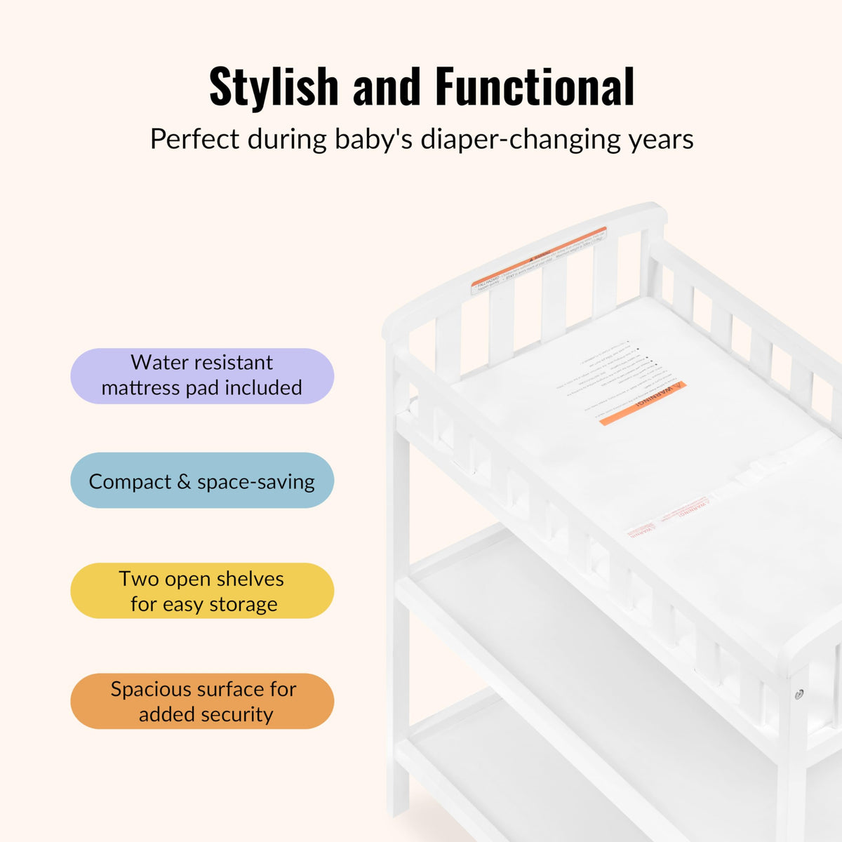 Dream On Me Emily Changing Table, White, with 1" Pad