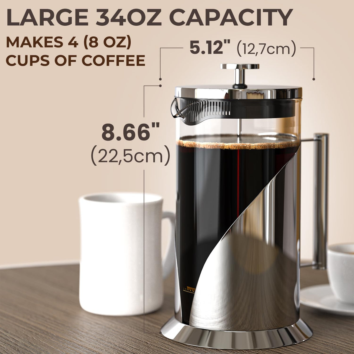 Stainless Steel French Press Coffee Maker, 34 oz