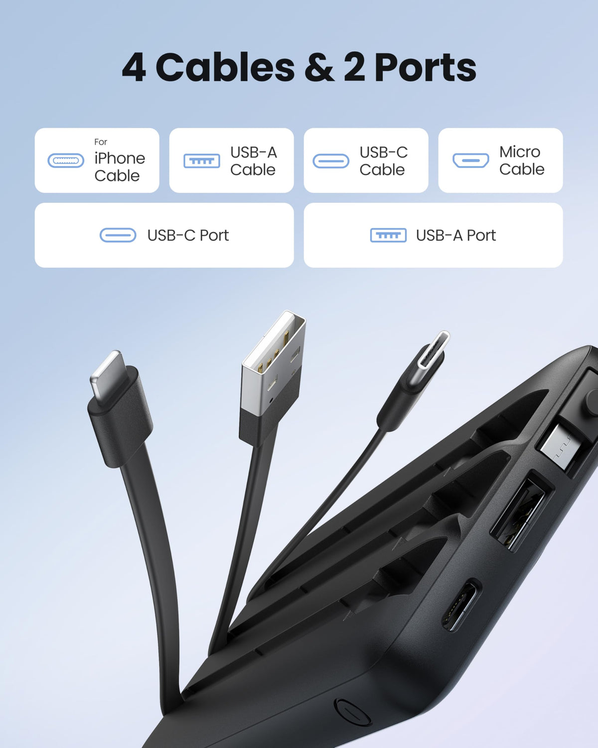Coowisty Slim Power Bank, 10000mAh, Built in 4 Cables