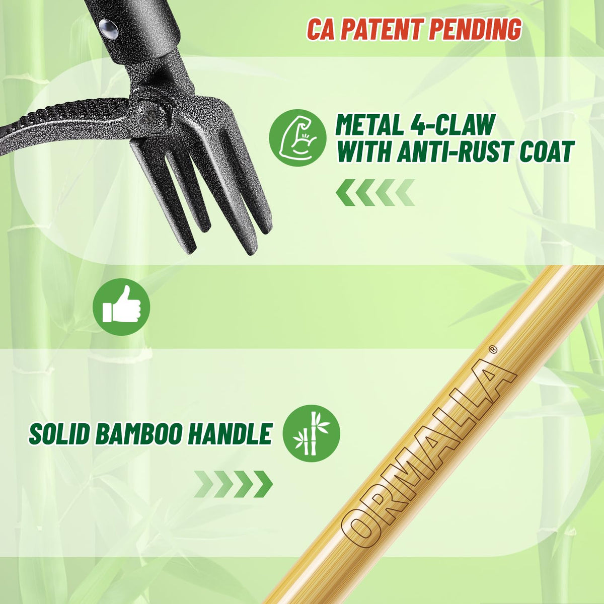 Ormalla Stand Up Weed Puller, 43.7 in, Bamboo Handle, 4 Claws