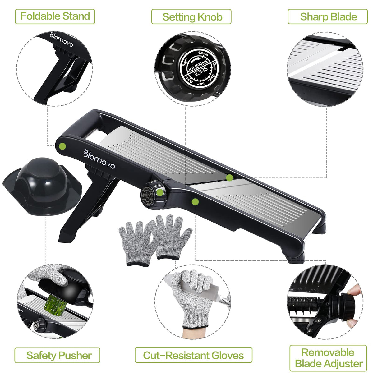 Blamovo Mandoline Slicer with Adjustable Thickness and Safety Gloves