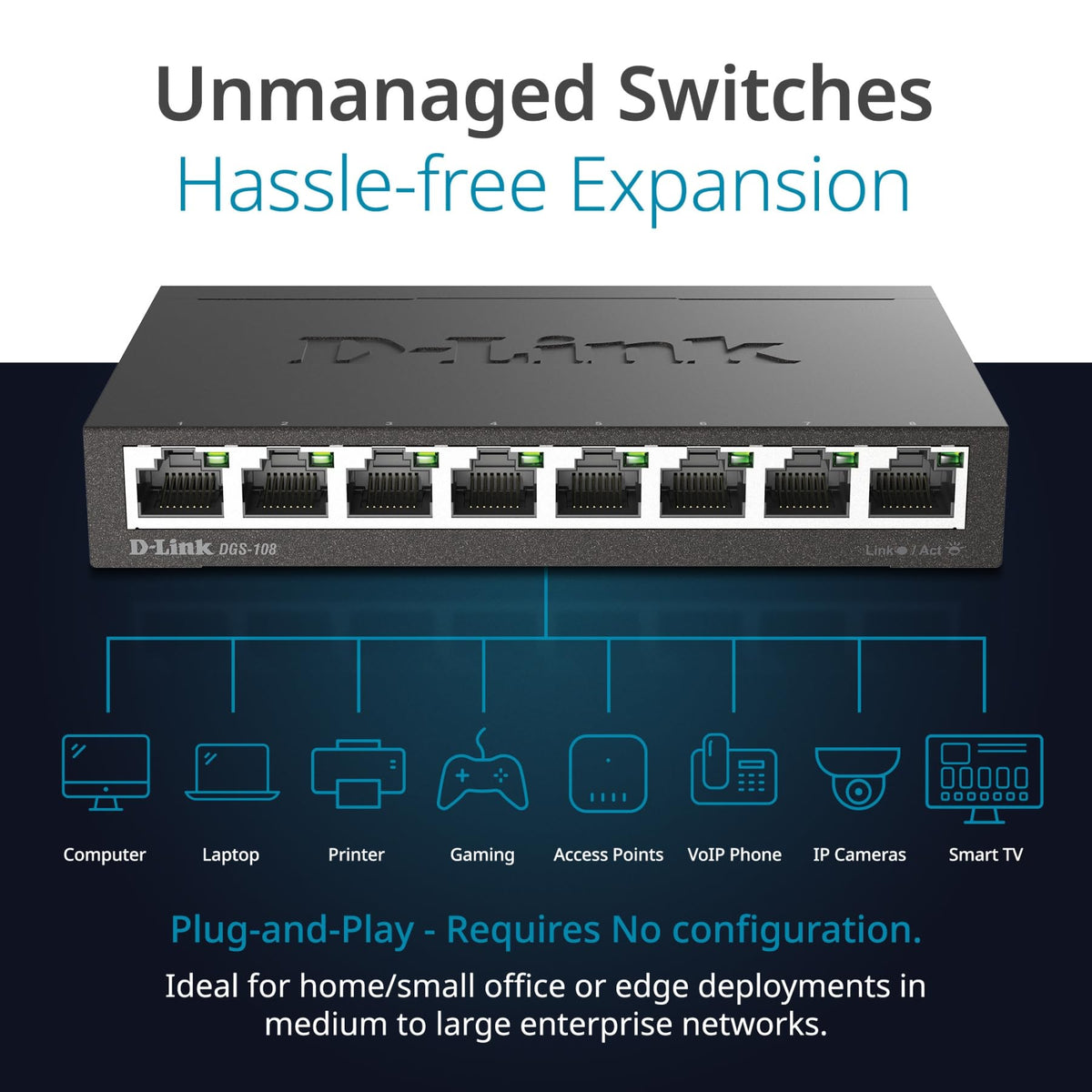 D-Link DGS-108 8-Port Gigabit Ethernet Unmanaged Switch, Metal