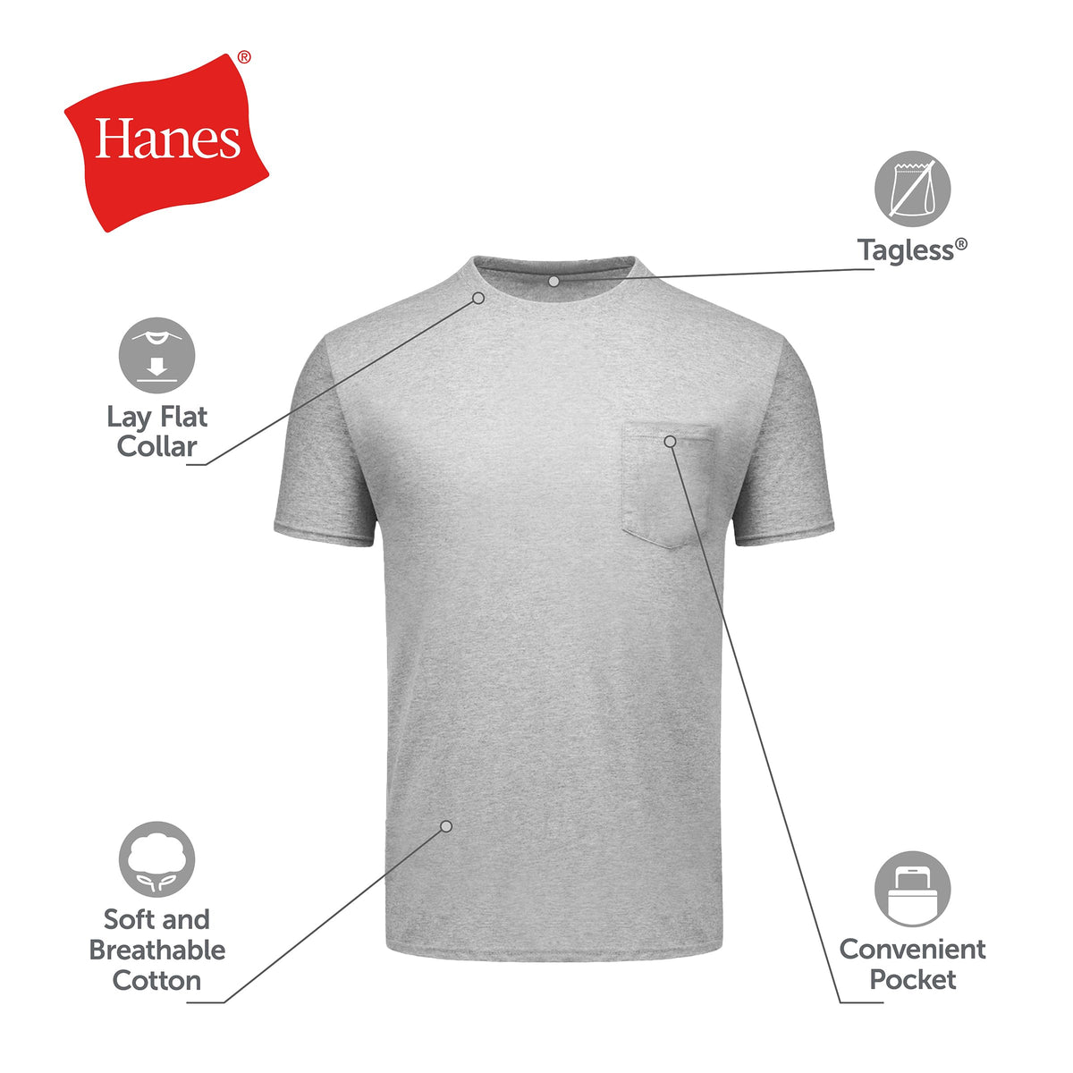 Hanes Men's Pocket Undershirt Pack, Crew Neck, Assorted, 6 Pack, XL