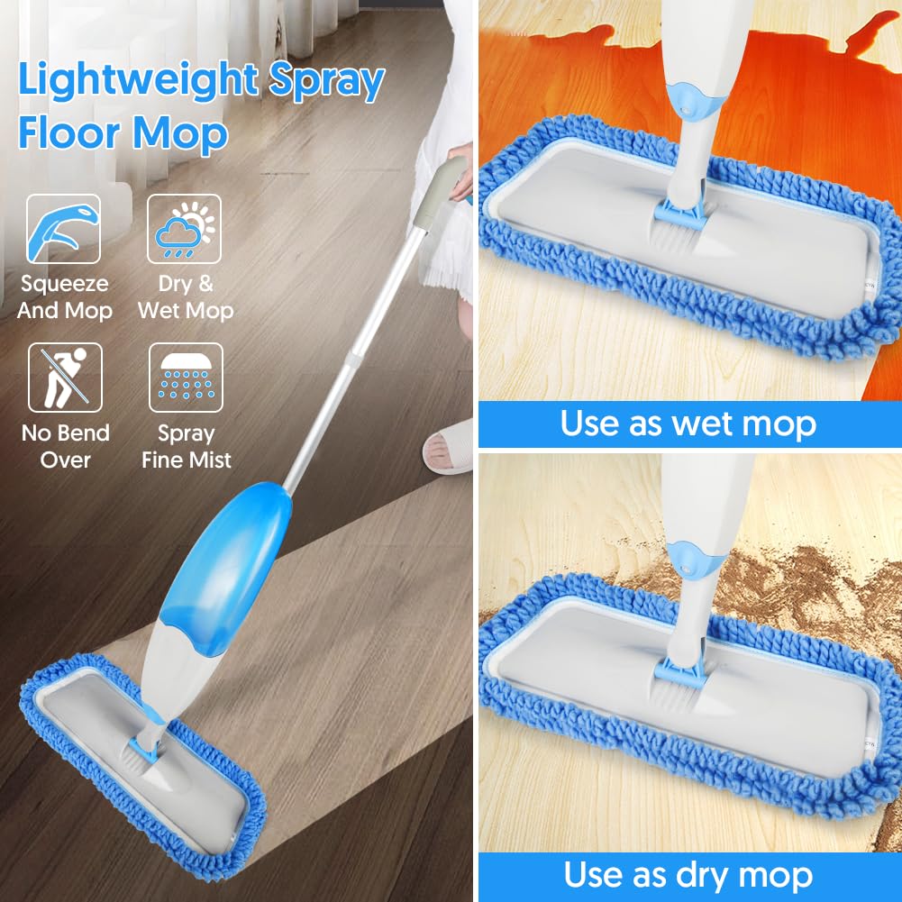 Tina&Tony Microfiber Spray Mop with 3 Reusable Refills, Blue