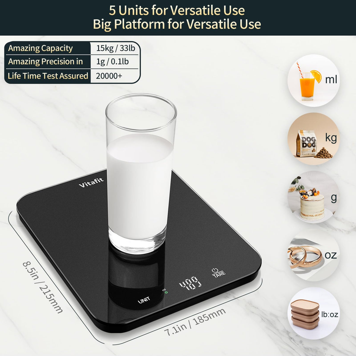 Vitafit Digital Food Scale, 33 lb/15 kg, Silver Black