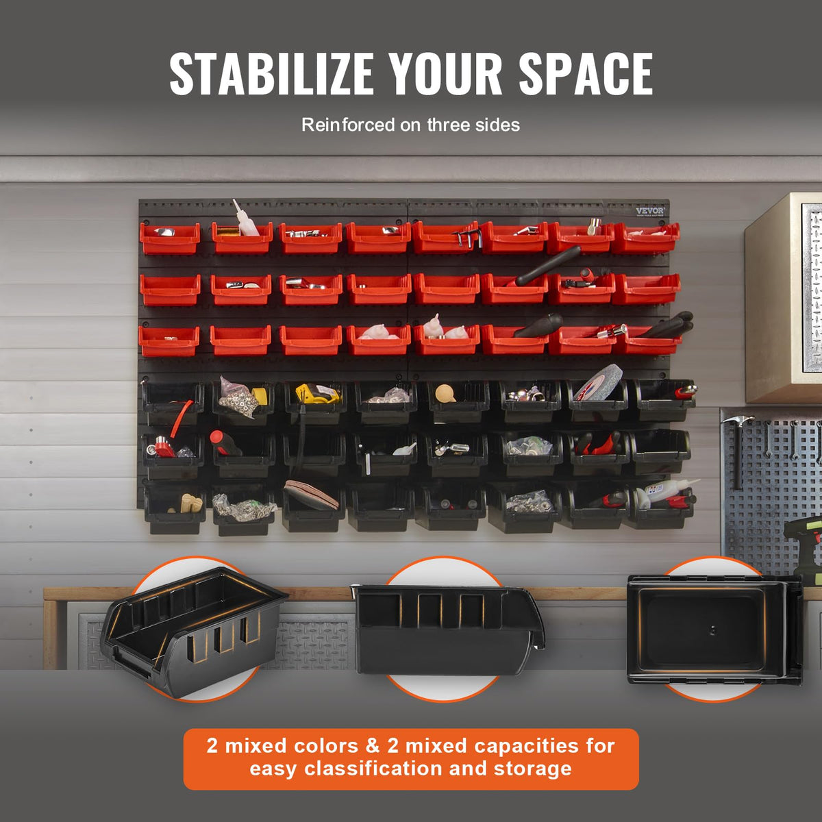VEVOR Wall Mounted Storage Bins, 48-Bin Parts Rack, Black and Red