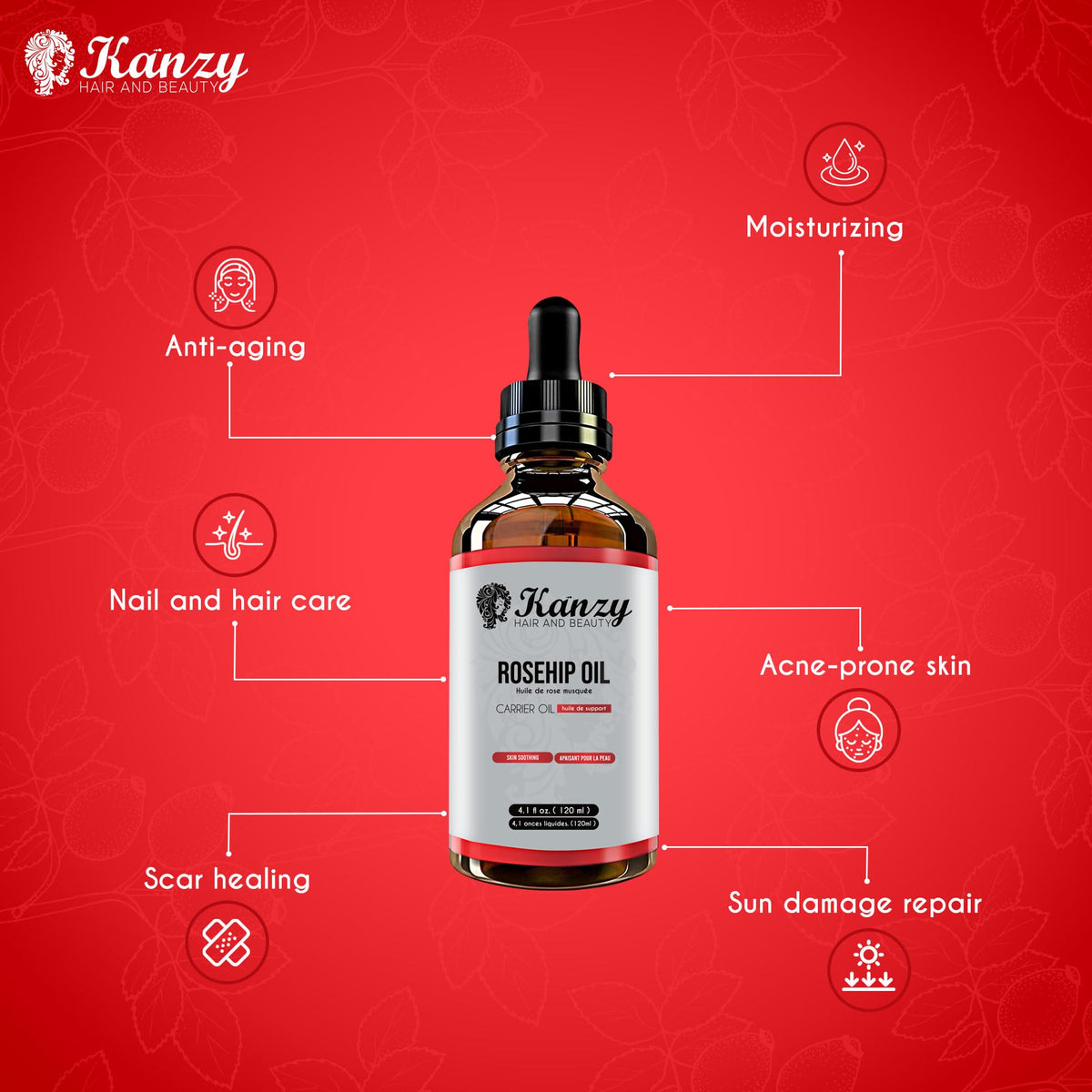 Kanzy Cold-Pressed Rosehip Oil, 120 mL