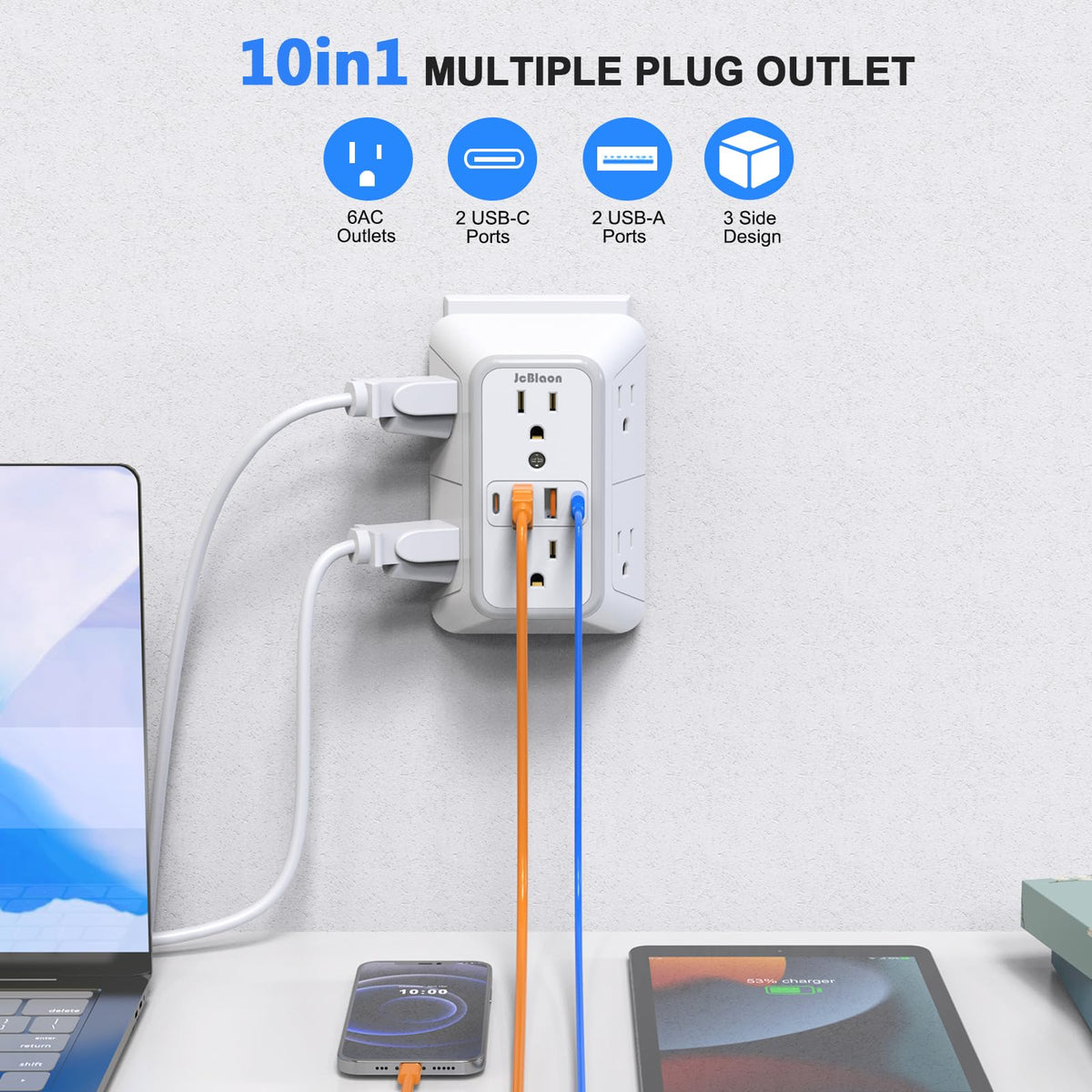 JcBlaon 6-Outlet Wall Surge Protector with 4 USB Ports, White