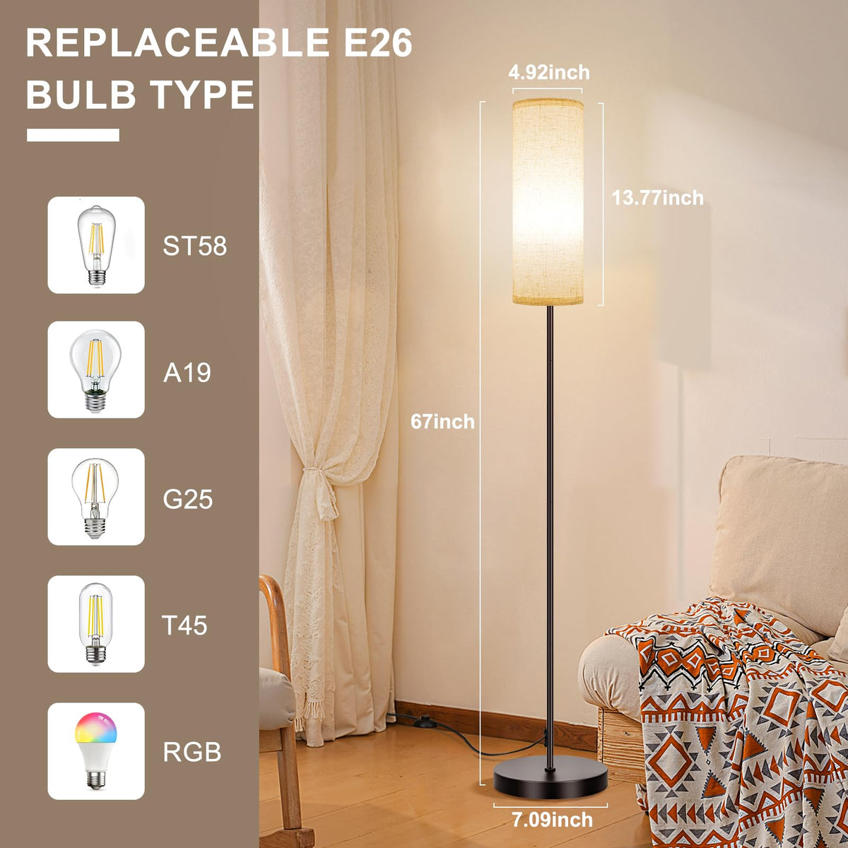 FRIDEKO HOME Dimmable Floor Lamp with Remote, Beige Shade