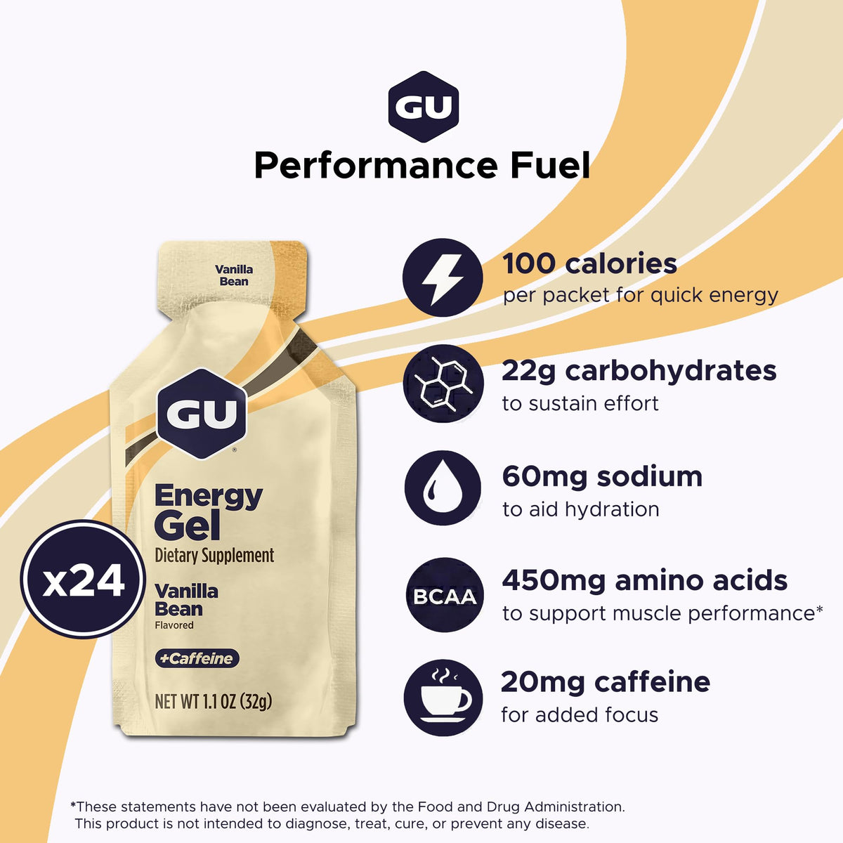 GU Energy Original Energy Gel, Vanilla Bean, 24 Count