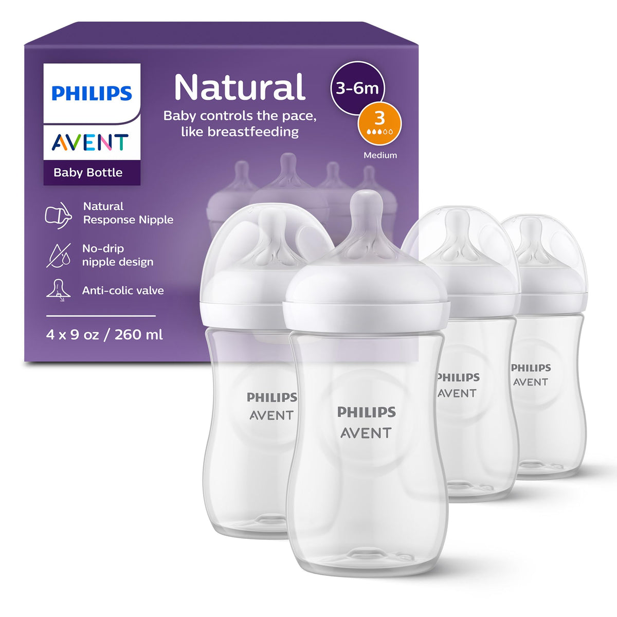 Philips Avent Natural Baby Bottles, Medium Flow, 9oz, 4-Pack