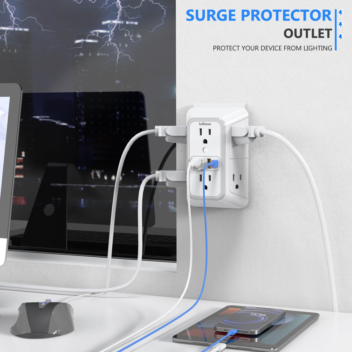 JcBlaon 6-Outlet Wall Surge Protector with 4 USB Ports, White