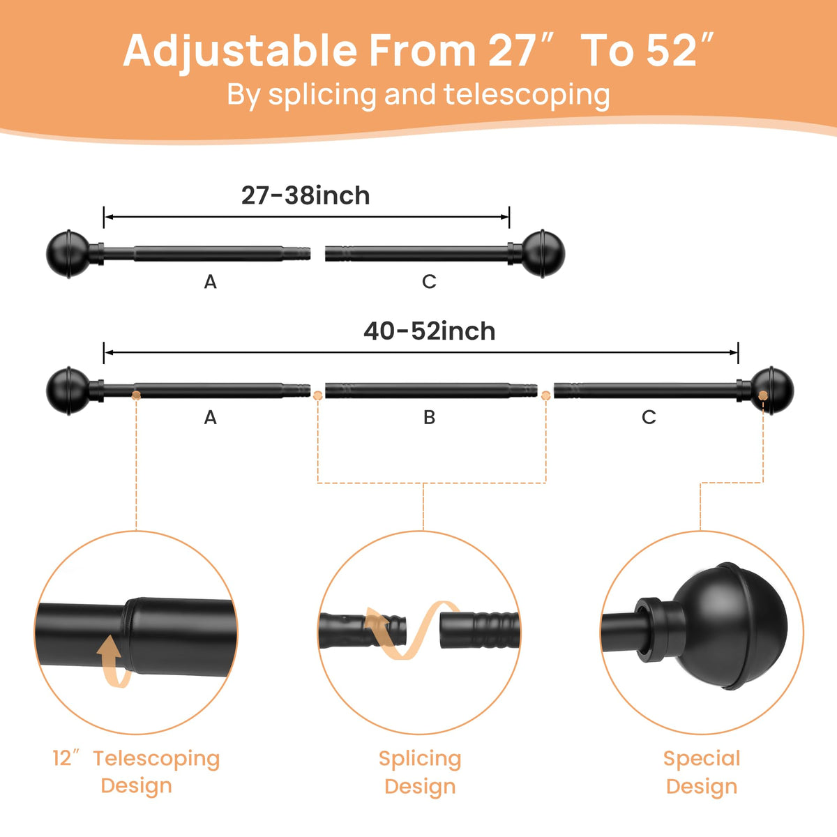 upsimples No Drill Curtain Rod, 28-48", Black
