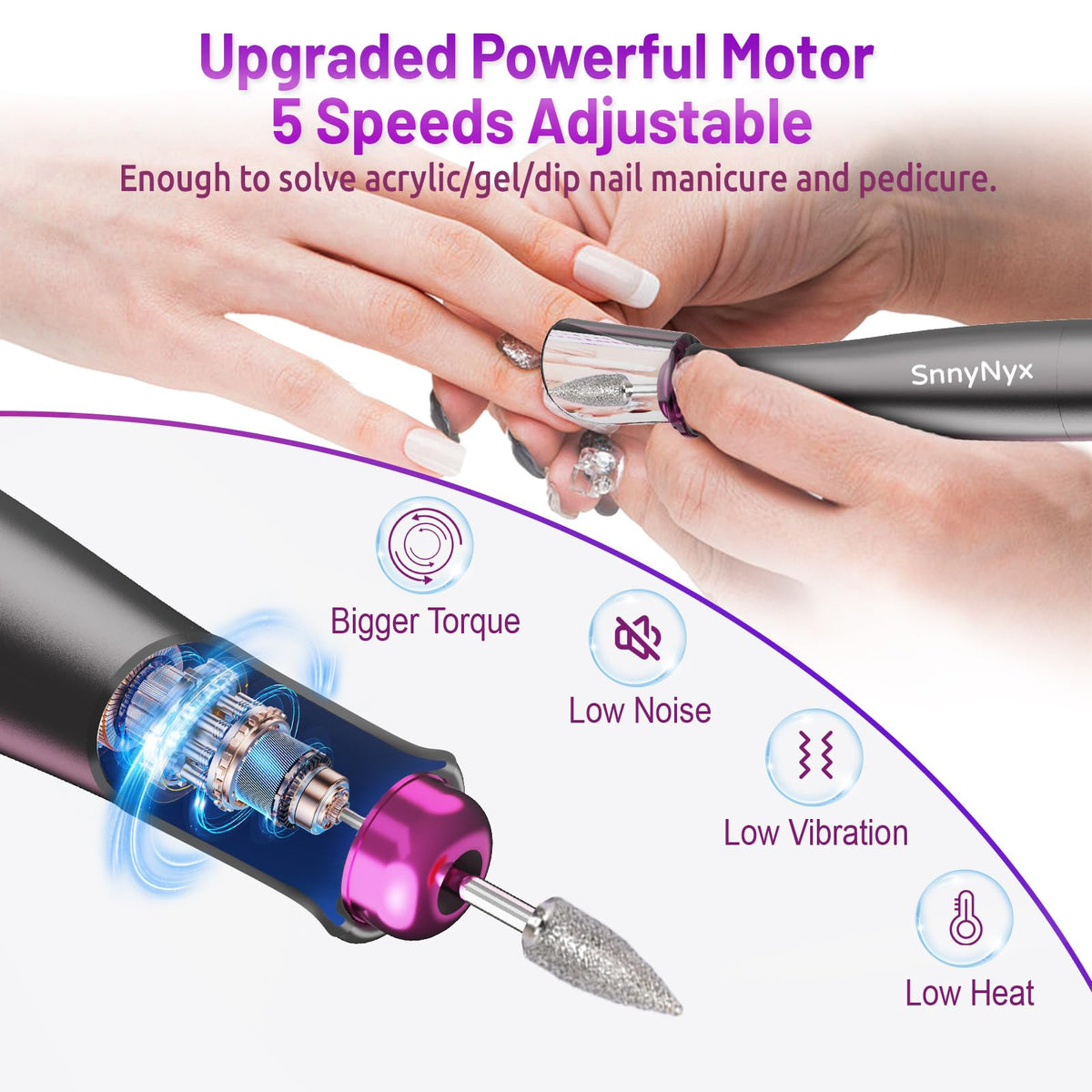 SnnyNyx Cordless Electric Nail Drill, 35000 RPM, Matte Gray