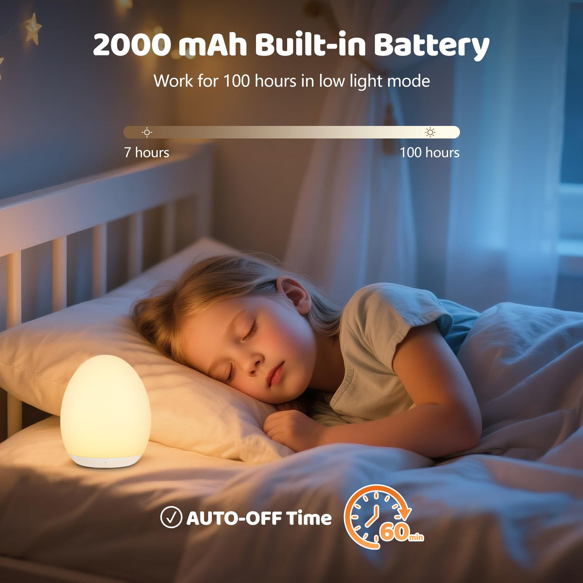 MediAcous Rechargeable Kids' Night Light with Timer, Cream