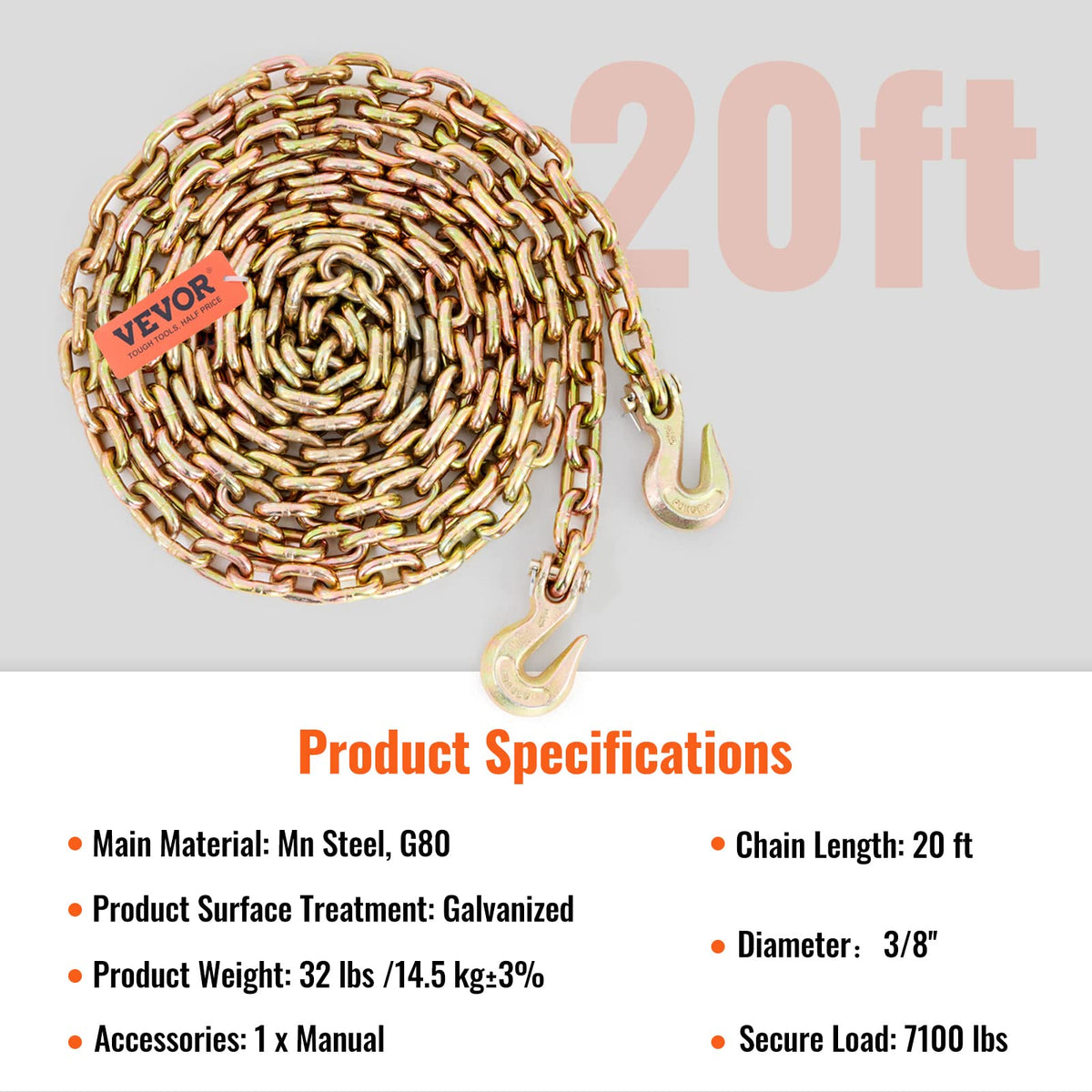 VEVOR Transport Binder Chain With Grab Hooks, 3/8" x 20', G80