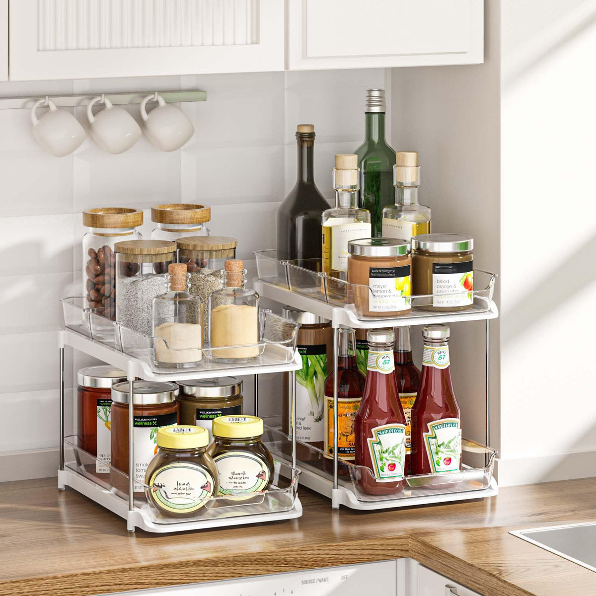 Delamu 2-Tier Under Sink Organizer with Dividers, White, 2 Pack