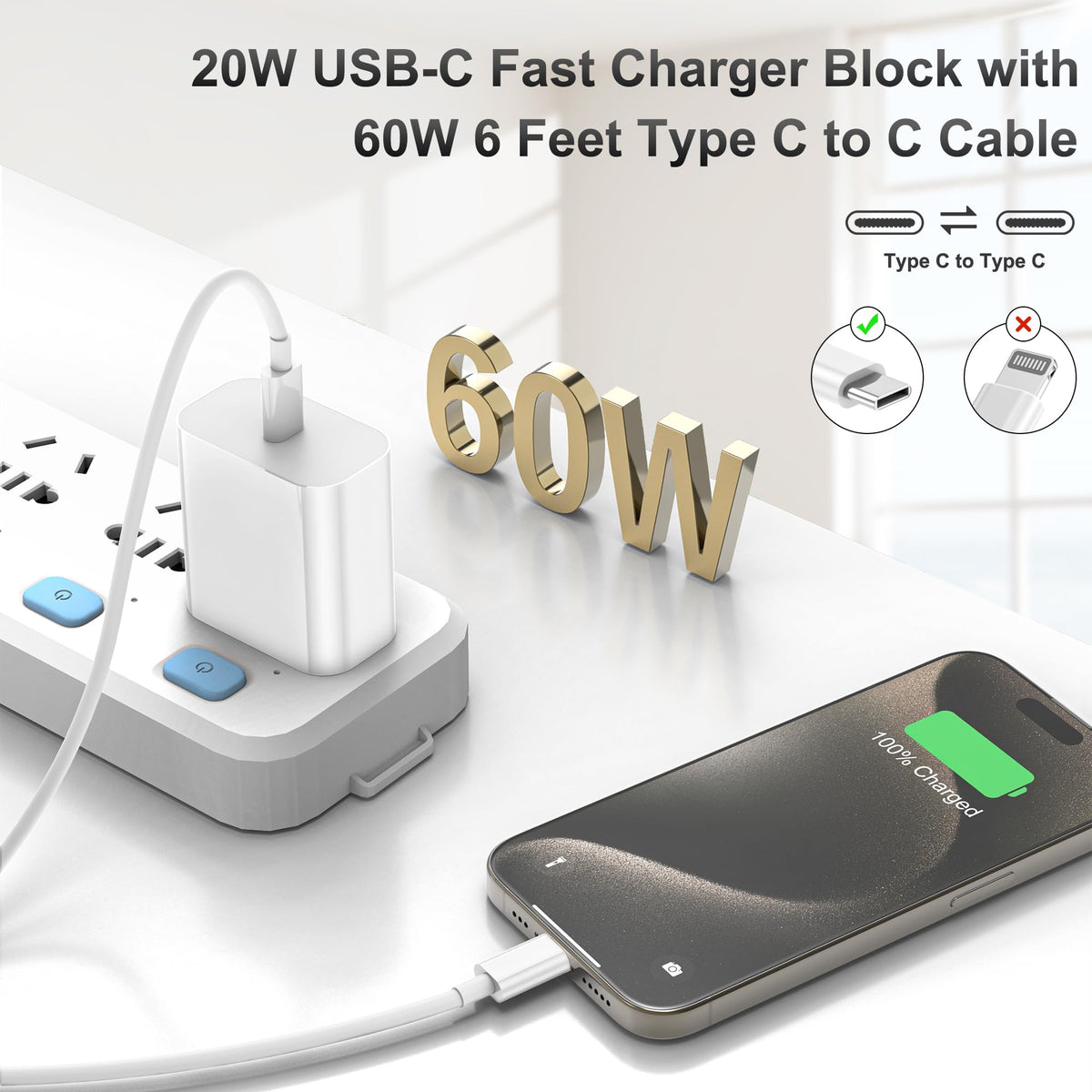 20W USB-C Fast Wall Charger with 6ft USB C Cable, 3 Pack