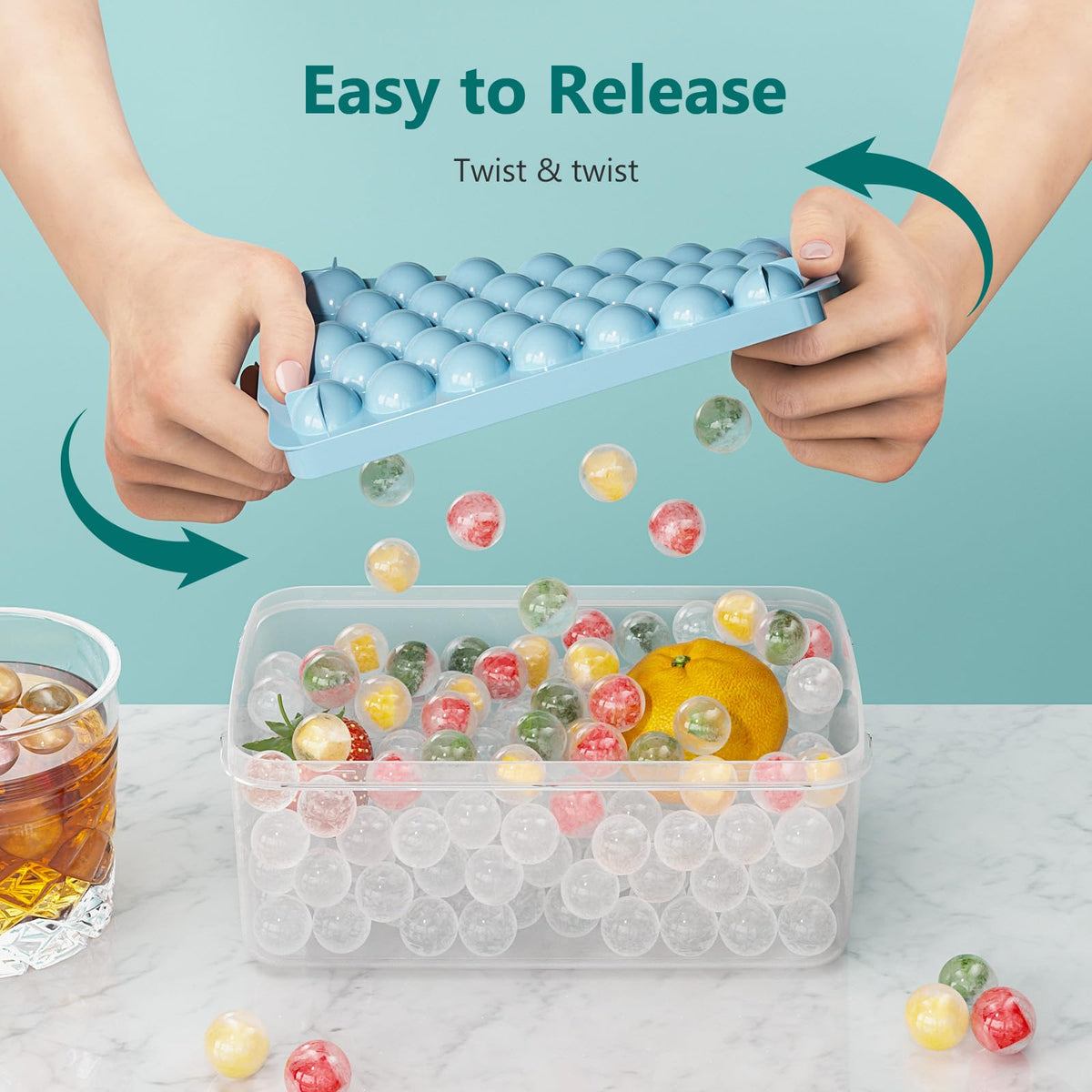 Optish Round Ice Cube Trays with Lid and Bin, 3 Pack, 99 PCS