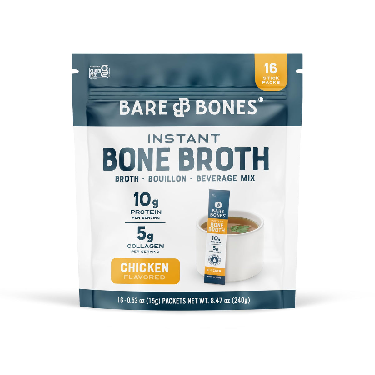 Bare Bones Instant Bone Broth Mix, Chicken, 15 g, 16 Pack