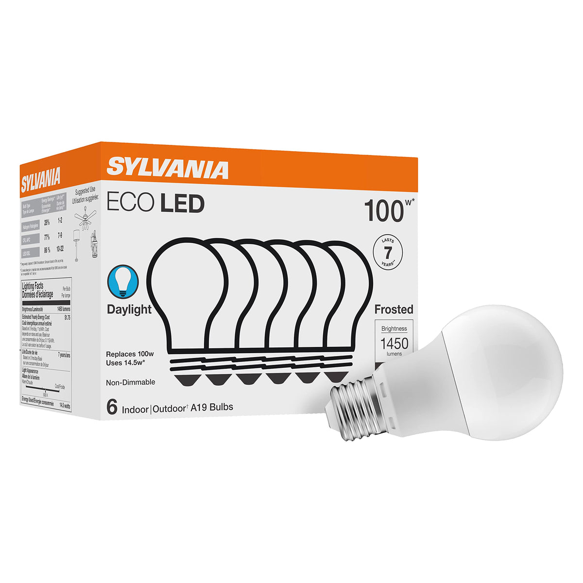 Sylvania ECO LED A19 Light Bulb, 100W Equivalent, 5000K, 6 Pack, 40884
