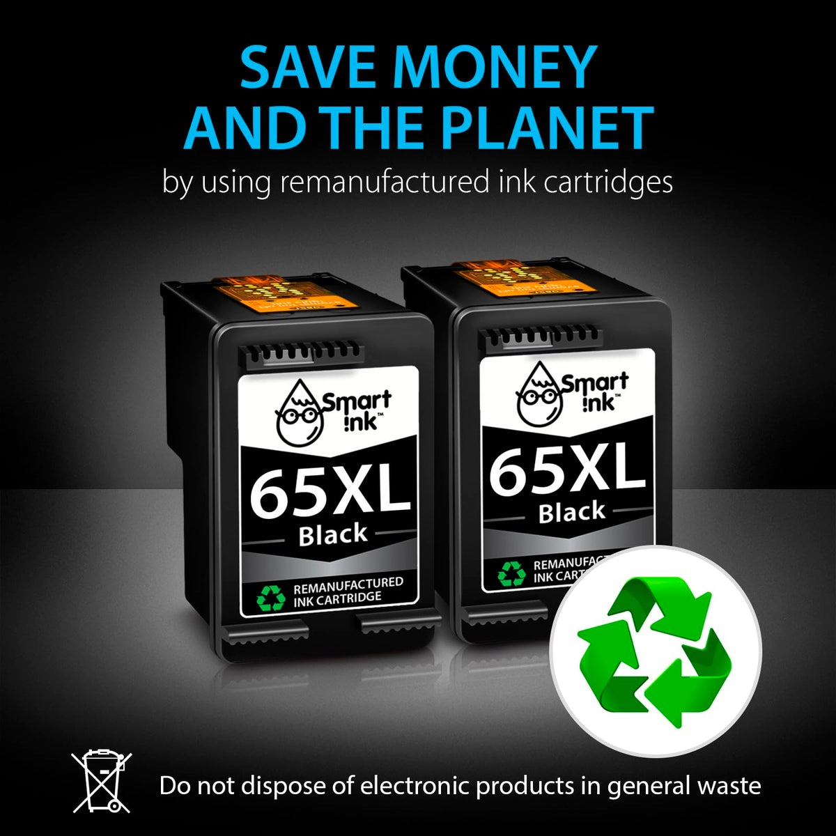 Smart Ink Remanufactured HP 65XL Ink, Black (2 Pack)