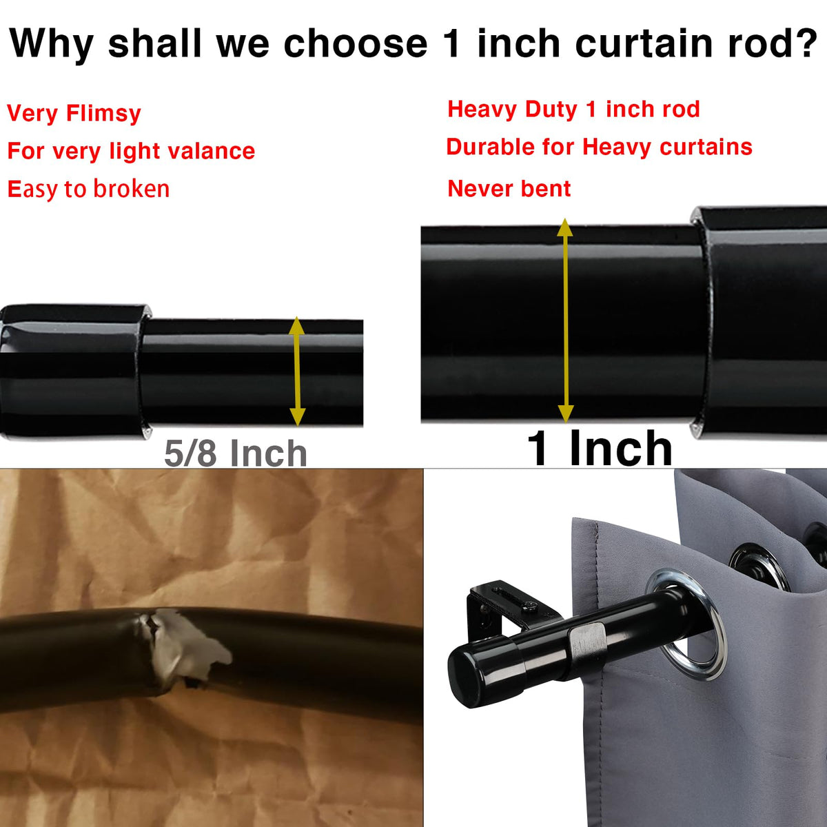 Extra Long Heavy Duty Curtain Rods, 28 to 144 inch, Black