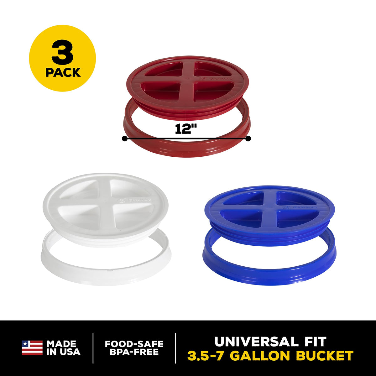 Gamma2 Gamma Seal Bucket Lids, Red, White & Blue, 3-Pack