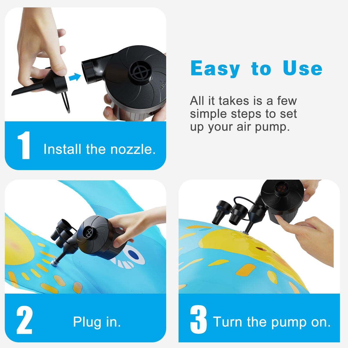 Portable Quick-Fill Electric Air Pump with 3 Nozzles