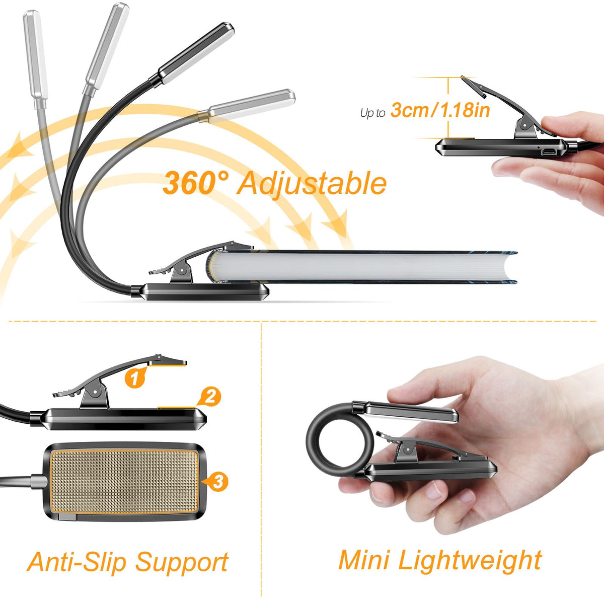 Gritin 9 LED Rechargeable Book Light, Black