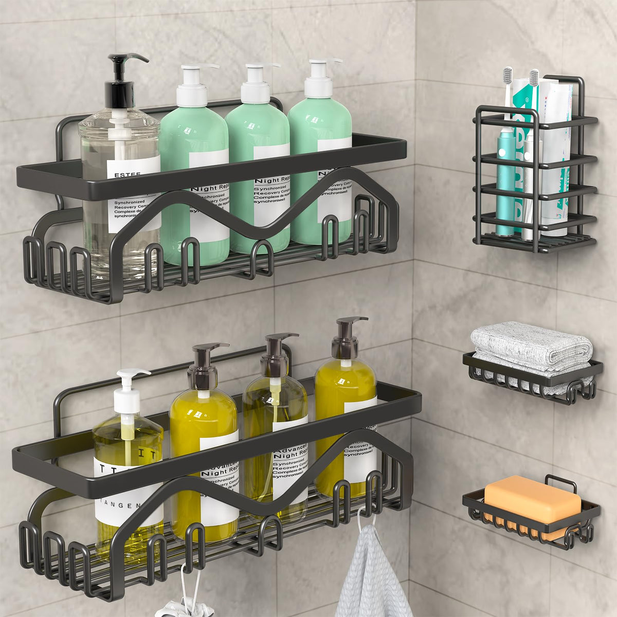 Coraje Adhesive Stainless Steel Shower Caddy Shelves, Black (5 Pack)