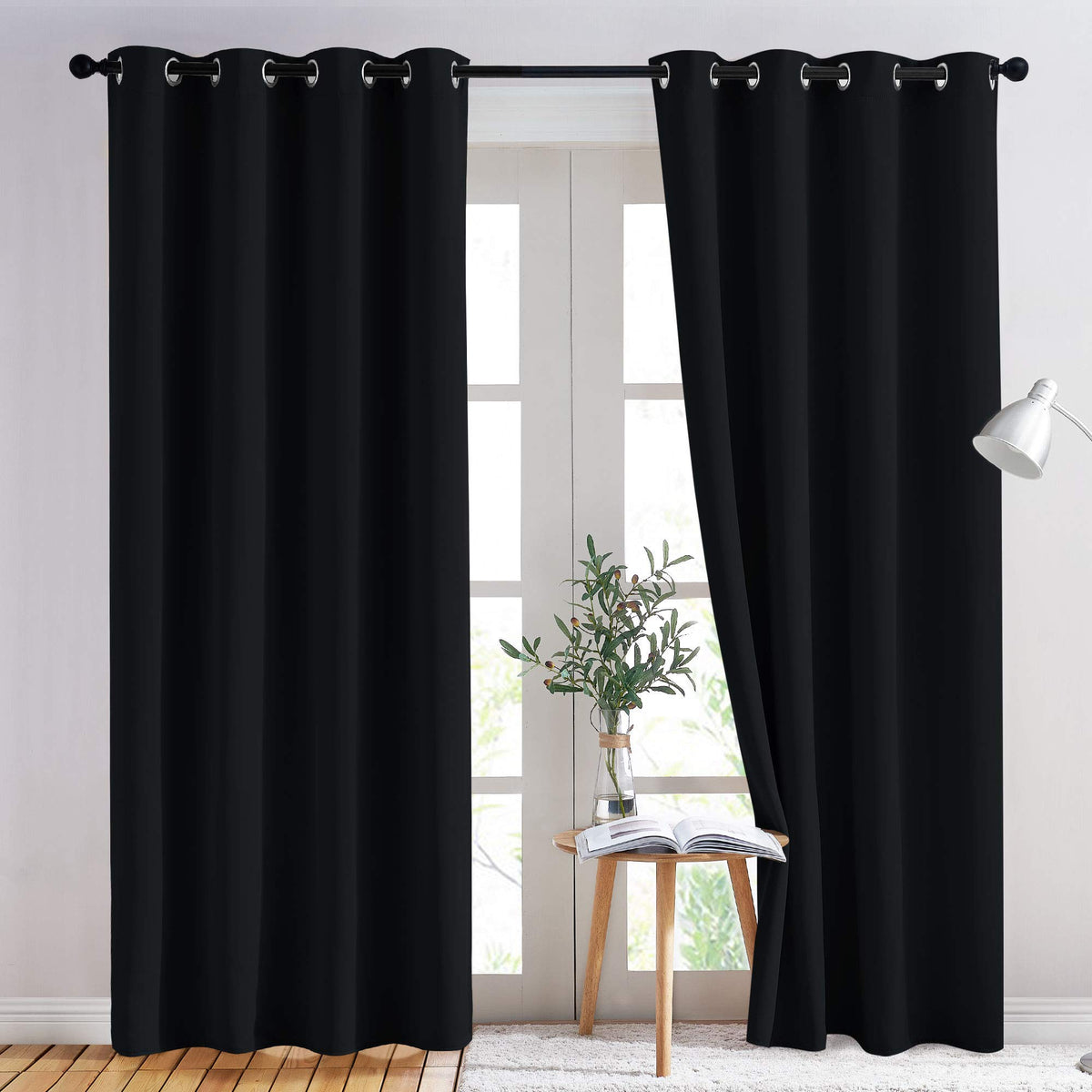 NICETOWN Blackout Grommet Curtains, 52 x 84 in, Black, 2 Panels
