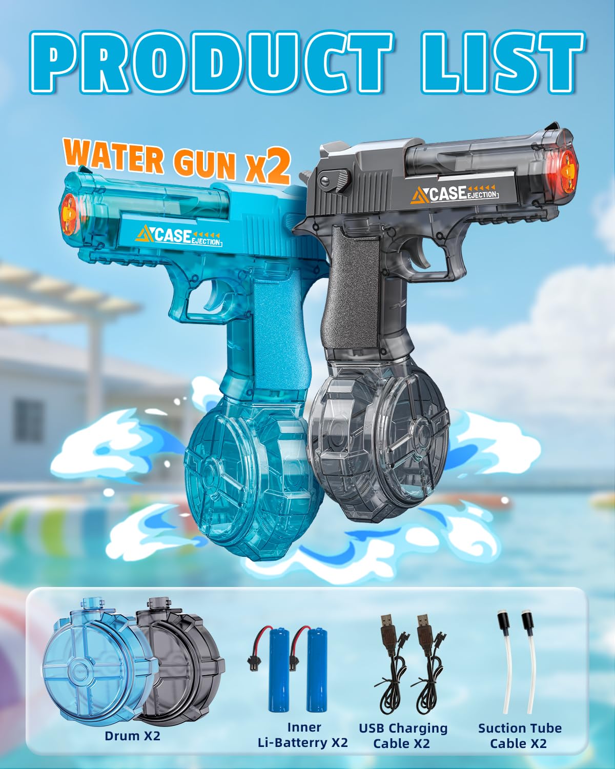 Electric Water Gun with LED Lights, Blue + Black (2 Pack)