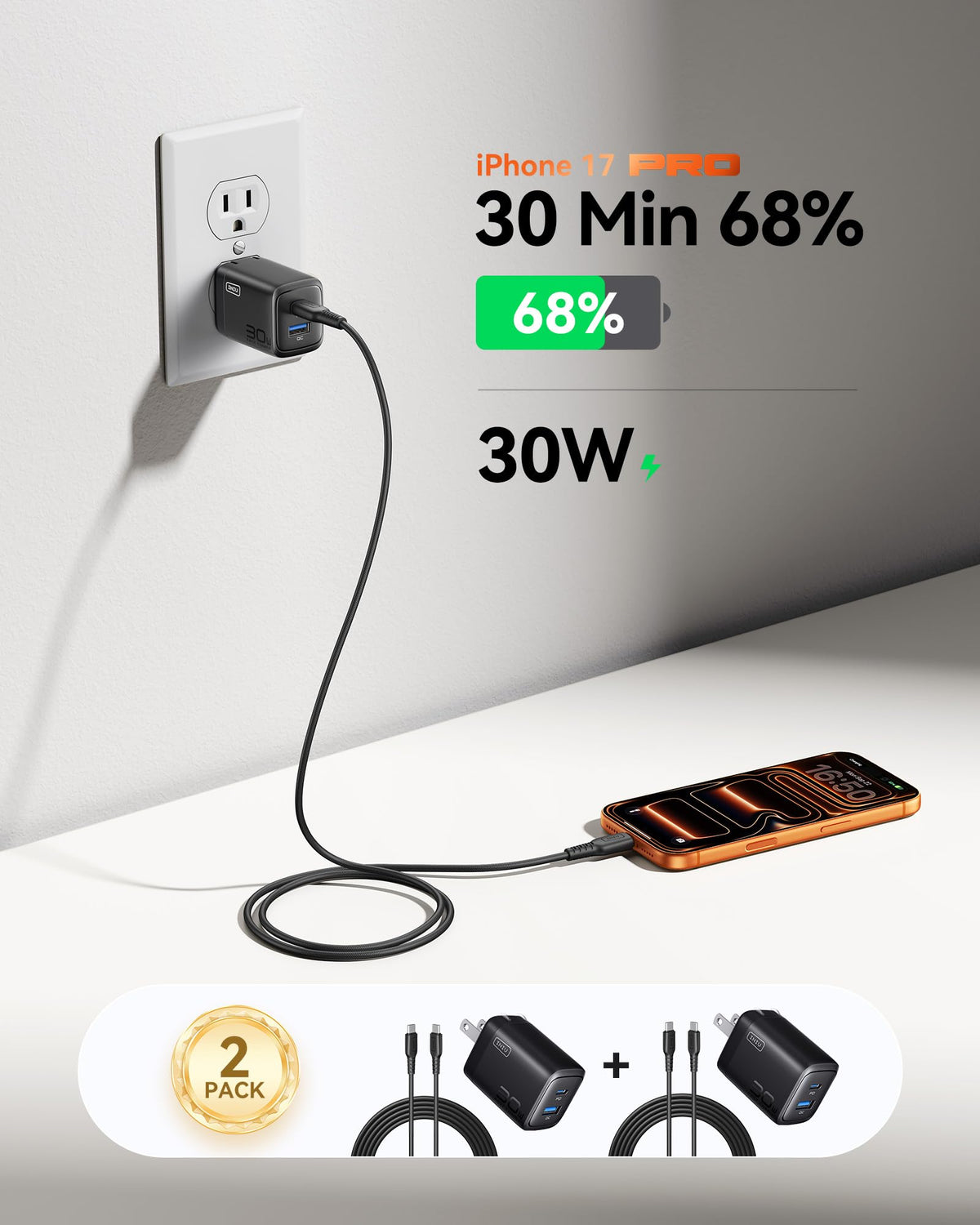 INIU 30W GaN USB C Charger with Cable, Foldable, 2 Pack