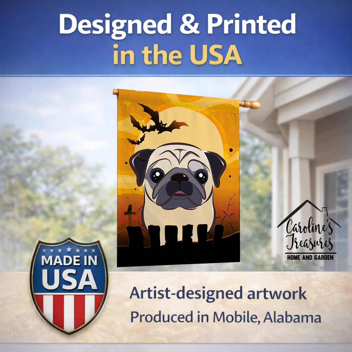 Caroline's Treasures Halloween Fawn Pug House Flag, Large
